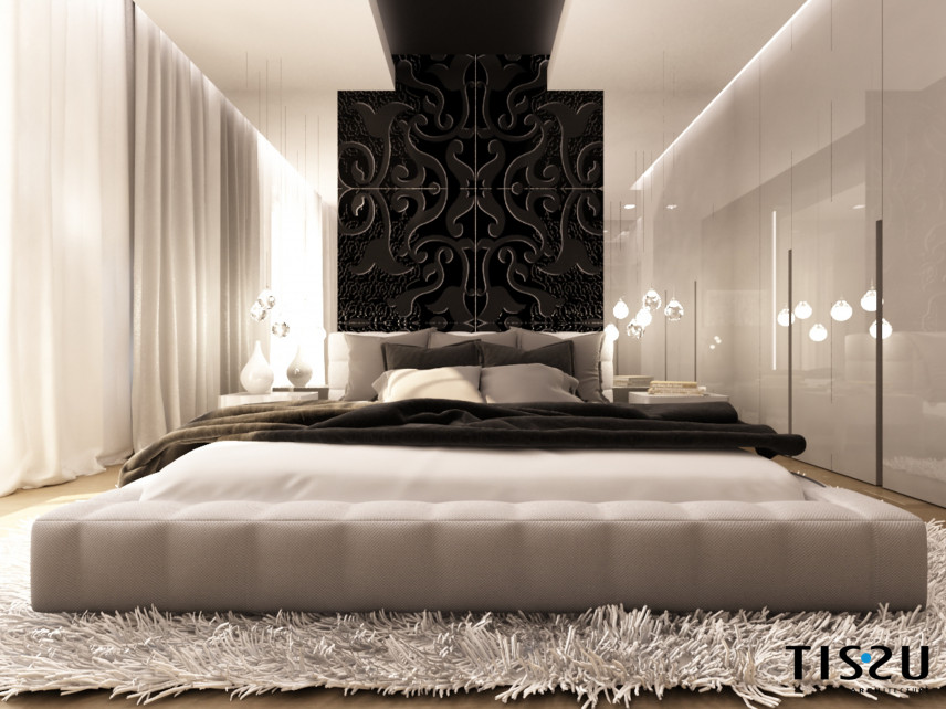 Sypialnia z dużym łóżkiem kontentowanym, akrylową szafą oraz czarnym wzorem 3d na ścianie