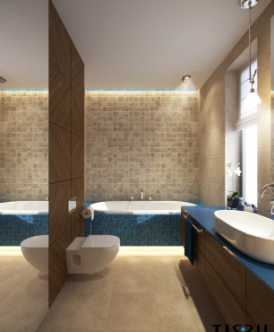 Projekt łazienki z zabudowaną wanną akrylową owalną