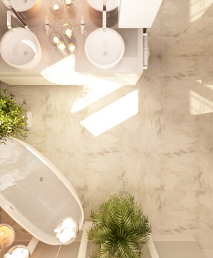 Duża łazienka z ceramiczną wanną owalną wolnostojącą oraz z dwoma okrągłymi umywalkami nablatowymi