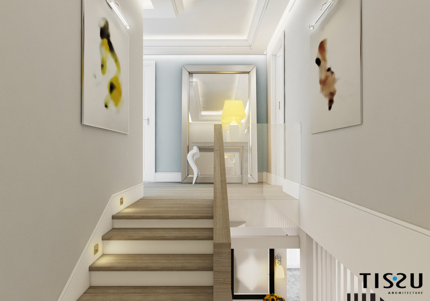 Drewniane schody i korytarz na piętrze w domu jednorodzinnym