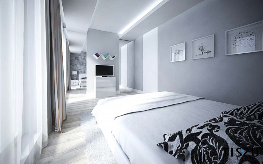 Sypialnia z szarym kolorem ścian oraz z białą komodą