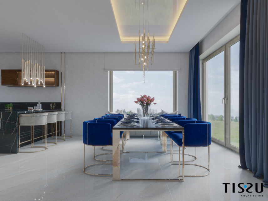 Eleganckie mieszkanie z marmurem i z intensywnym kolorem niebieskim