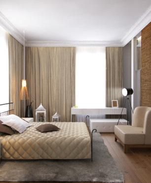 Nowoczesna sypialnia z drewnem na ścianie oraz z beżowymi zasłonami
