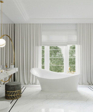 Duża łazienka z oknem oraz białą, ceramiczną wanną wolnostojącą