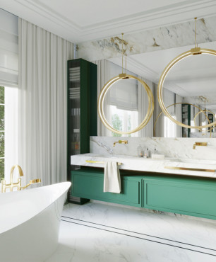 Duża, przestrzenna funkcjonalna łazienka z zielonymi szafkami wiszącymi