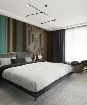 Sypialnia z drewnem ze wzorem 3d na ścianie oraz dużym łóżkiem kontynentalnym