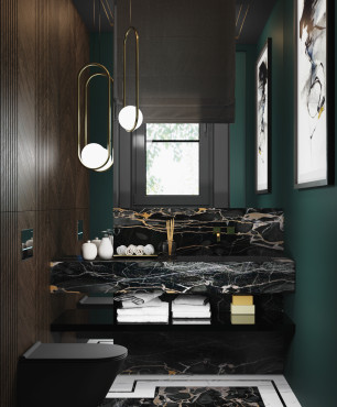 Łazienka w stylu Art Deco z czarnym marmurem na podłodze