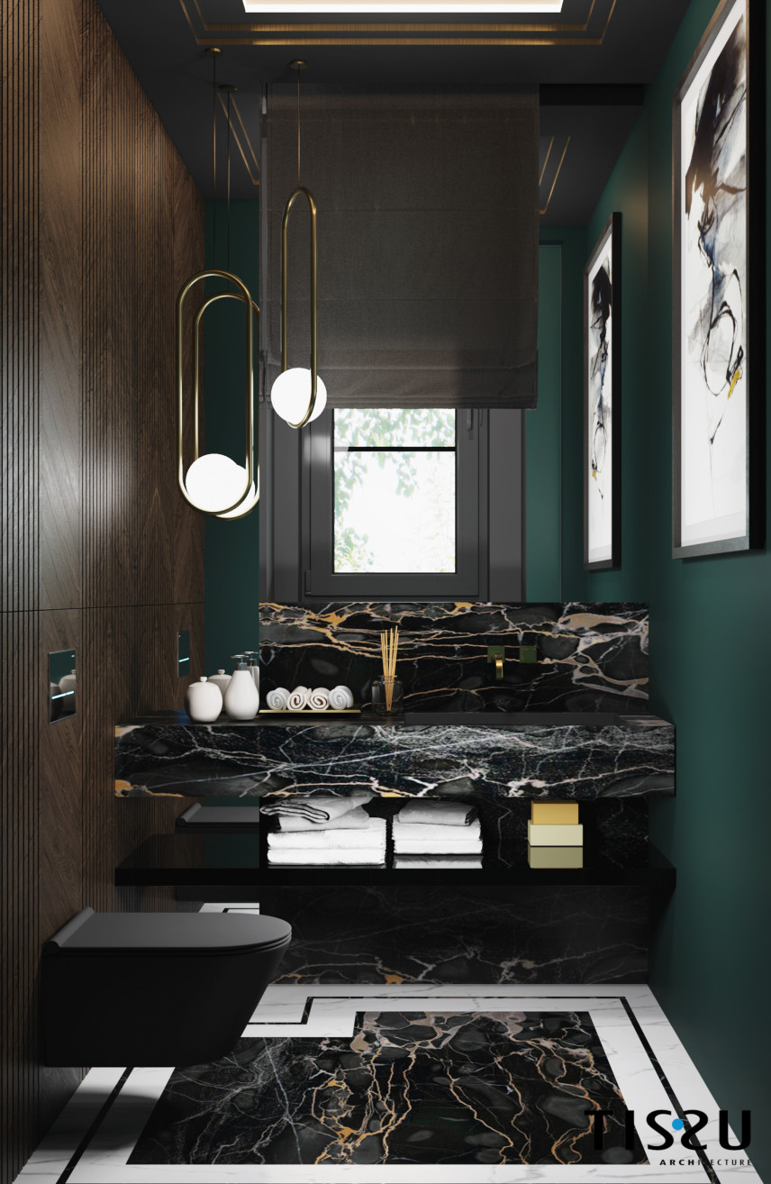 Łazienka w stylu Art Deco z czarnym marmurem na podłodze