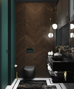 Mała łazienka w stylu Art Deco z imitacja drewna w kolorze wenge na ścianie