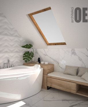Łazienka na poddaszu z wanną narożną i białymi płytkami 3d na ścianie