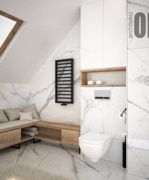 Projekt łazienki na poddaszu z białym gresem na ścianie i podłodze oraz z drewnianą szafką stojącą
