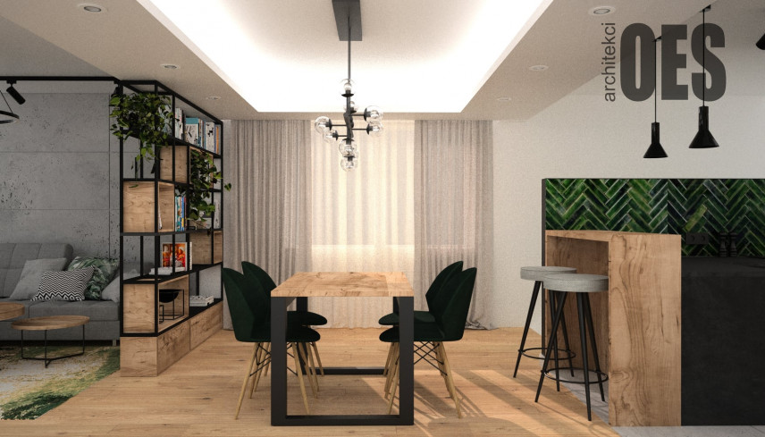 Projekt salonu, jadalni i kuchni w stylu lekko industrialnym