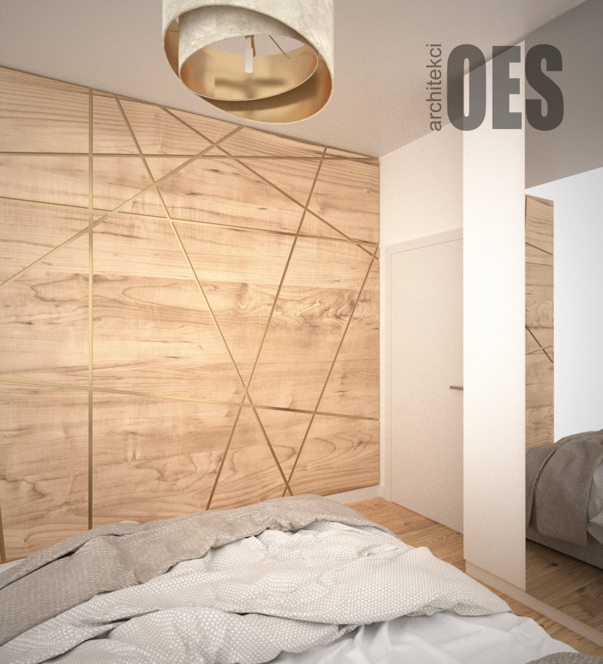 Sypialnia z drewnem na ścianie ze złotymi wstawkami
