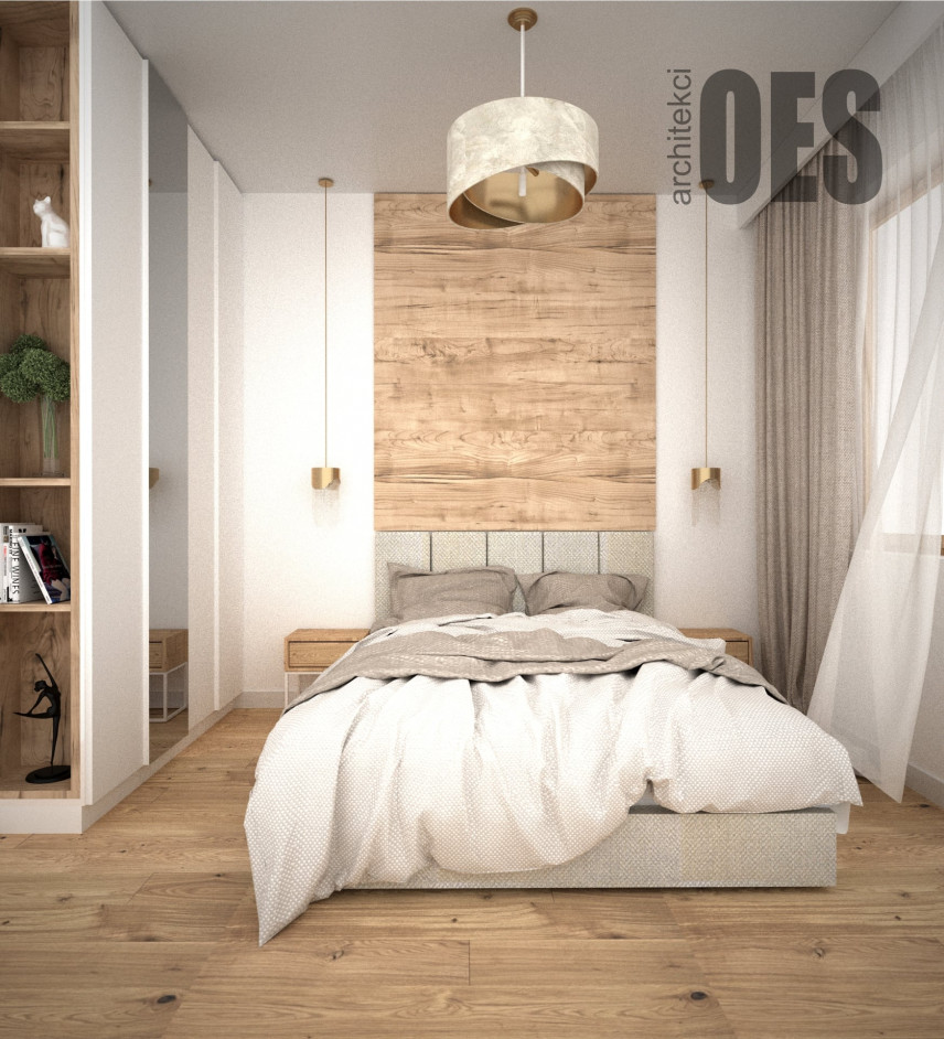 Sypialnia z tapicerowanym łóżkiem kontynentalnym w kolorze beżowym oraz z drewnem na ścianie