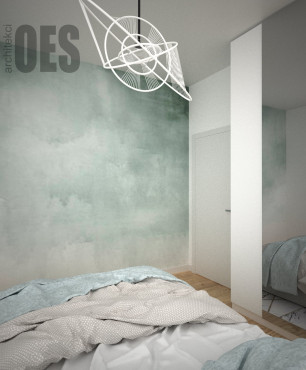 Sypialnia z tapetą z motywem nieba na ścianie