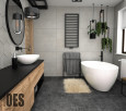 Projekt łazienki w stylu industrialnym z owalną wanną ceramiczną oraz wzorem heksagonalnym na ścianie z szarych płytek