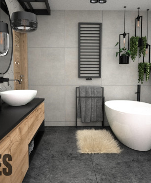 Projekt łazienki w stylu industrialnym z owalną wanną ceramiczną oraz wzorem heksagonalnym na ścianie z szarych płytek