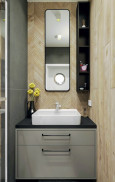 Łazienka z prostokątną umywalką nablatową oraz prostokątnym lustrem