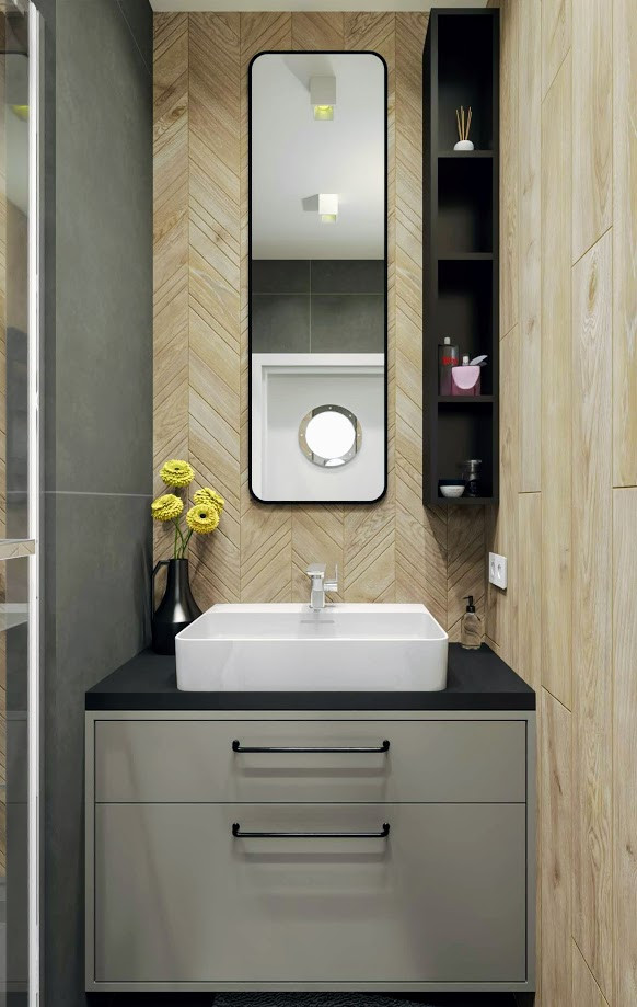 Nowoczesna łazienka z imitacją drewna na ścianie