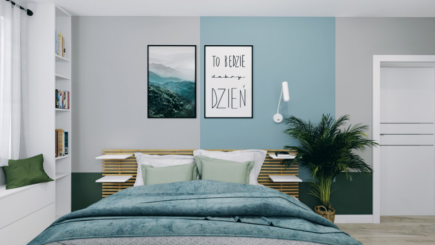 Projekt nowoczesnej sypialni z niebieskim kolorem ścian