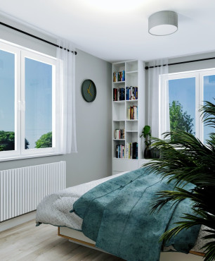 Projekt słonecznej sypialni z meblami w białym kolorze