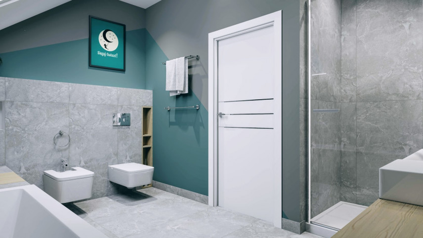 Duża łazienka na poddaszu z szaro-turkusowym kolorem ścian
