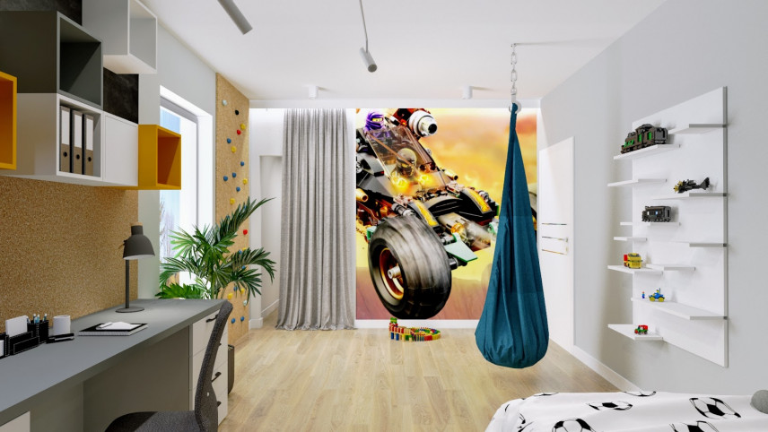 Przestrzenny pokój dziecięcy z tapetą ze sportowym autem na ścianie