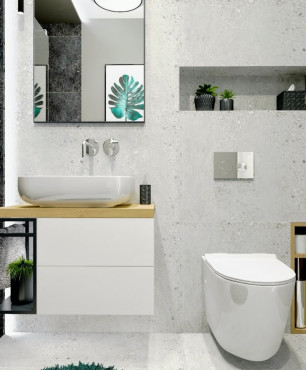 Nowoczesna łazienka z białą muszlą wiszącą oraz białą szafką z drewnianym blatem