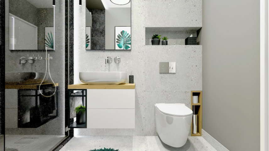 Nowoczesna łazienka z białą muszlą wiszącą oraz białą szafką z drewnianym blatem