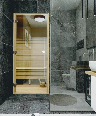 Łazienka z prysznicem oraz sauną i szafką wiszącą