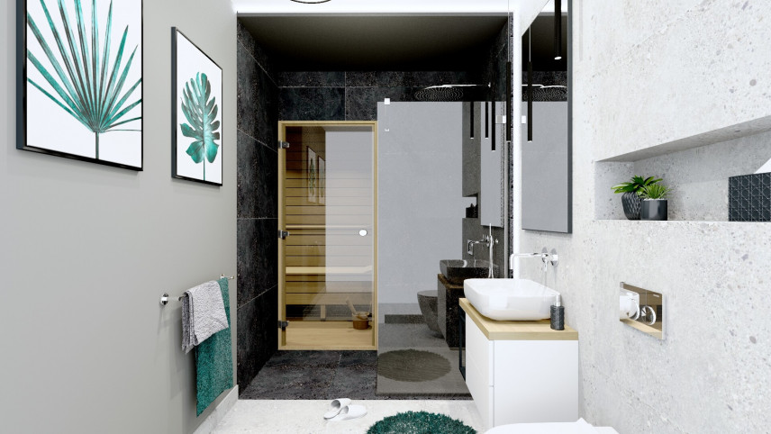 Mała łazienka z sauną oraz prysznicem