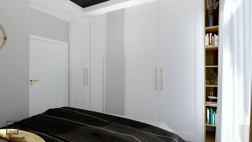 Projekt nowoczesnej sypialni z białymi frontami meblowymi