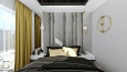 Projekt sypialni z szarą tapicerowaną ścianą oraz łóżkiem kontynentalnym