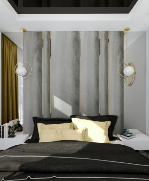 Projekt sypialni z szarą tapicerowaną ścianą oraz łóżkiem kontynentalnym