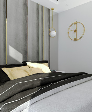 Projekt nowoczesnej sypialni z szarą, tapicerowaną ścianą