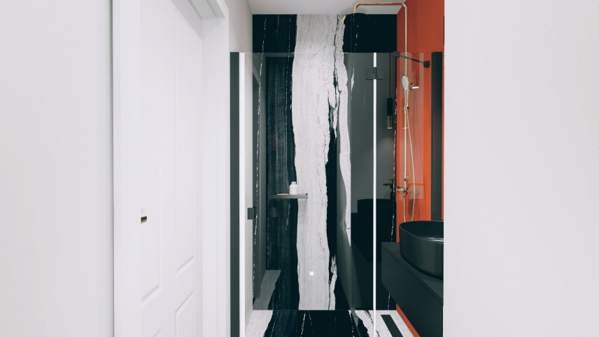 Łazienka z prysznicem w biało-czarnym-czerwonym kolorze