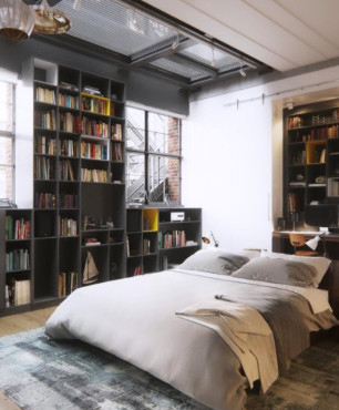 Sypialnia z biblioteczką oraz dużym łóżkiem kontynentalnym
