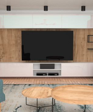 Salon z drewnem na ścianie oraz z długą, białą akrylową szafką wiszącą