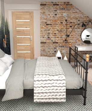 Sypialnia z metalowym łóżkiem kontynentalnym oraz cegłą ozdobną na jednaj ścianie