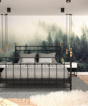 Sypialnia z tapetą z motywem lasu na ścianie oraz z lampami wiszącymi