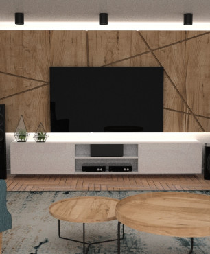 Salon z białą szafką stojącą oraz telewizorem zamontowanym na drewnianym panelu