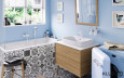 KLUDI PURE&EASY WHITE w łazience z płytkami patchwork na podłodze oraz z wanną w zabudowie