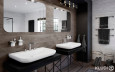 Łazienka w stylu rustykalnym z nowoczesnymi elementami oraz dwoma umywalkami nablatowymi