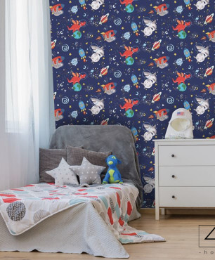 Pokój dziecięcy z tapetą z motywem kosmosu na ścianie