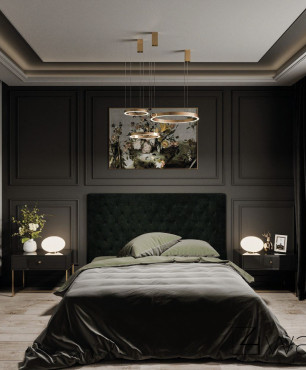 Sypialnia w stylu industrialnym z czarnym kolorem ścian oraz ze sztukaterią na ścianie i suficie