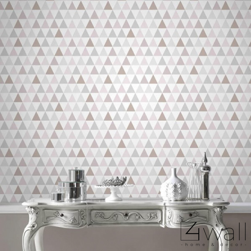 Salon z tapetą w biało-beżowe miniaturowe trójkąty