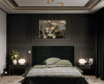 Sypialni z dużym łóżkiem tapicerowanym w kolorze ciemnej zieleni, z ciemnoszarym kolorem ścian ze sztukaterią