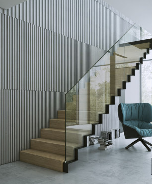 Drewniane schody ze szklaną barierą oraz tapetą 3d na ścianie