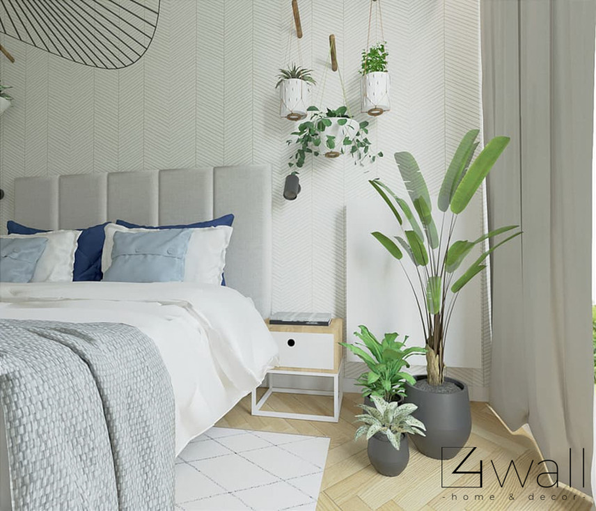 Sypialnia z tapicerowanym łóżkiem oraz drewnianym parkietem