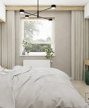 Nowoczesna sypialnia z zielonym, tapicerowanym łóżkiem kontynentalnym oraz z białą komoda i lamelem na ścianie